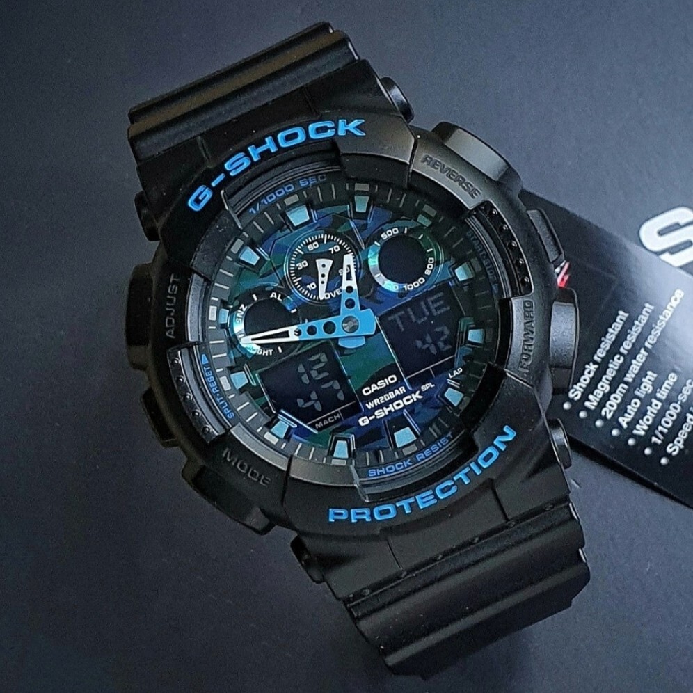 【CASIO 卡西歐】 G-SHOCK  大錶殼酷炫設計 堅固耐用 無止境追求強度 耐衝擊數位雙顯 迷彩圖案 手錶 GA-100CB-1A