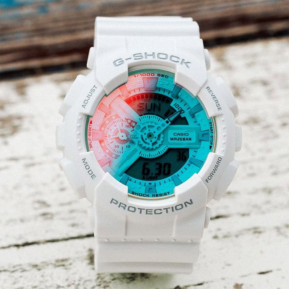 【CASIO 卡西歐】 G-SHOCK  大錶殼酷炫設計 堅固耐用 無止境追求強度 耐衝擊數位雙顯 海灘的設計 手錶 GA-110TL-7A