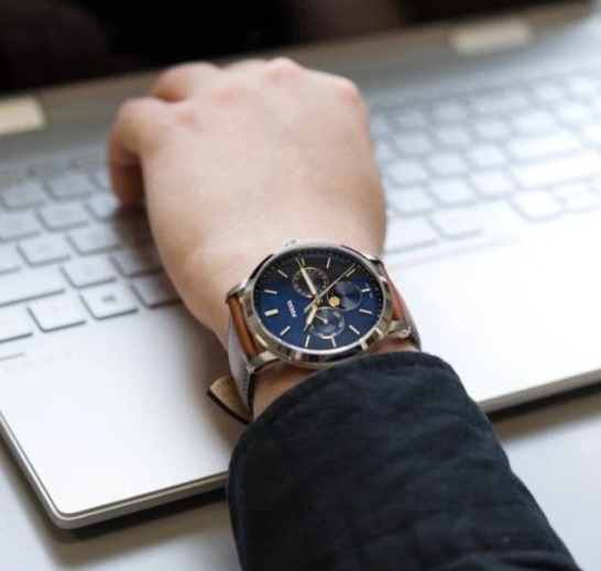 【FOSSIL】FS5903 經典 紳士 銀藍 三眼 月相 皮革 石英 手錶