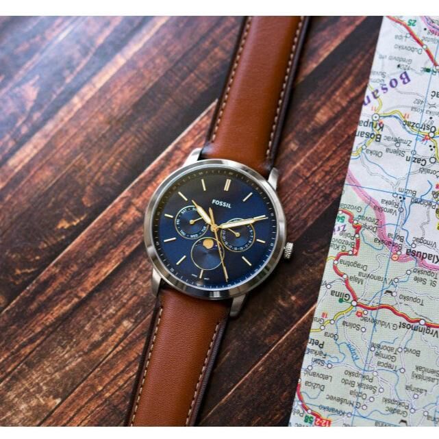 【FOSSIL】FS5903 經典 紳士 銀藍 三眼 月相 皮革 石英 手錶