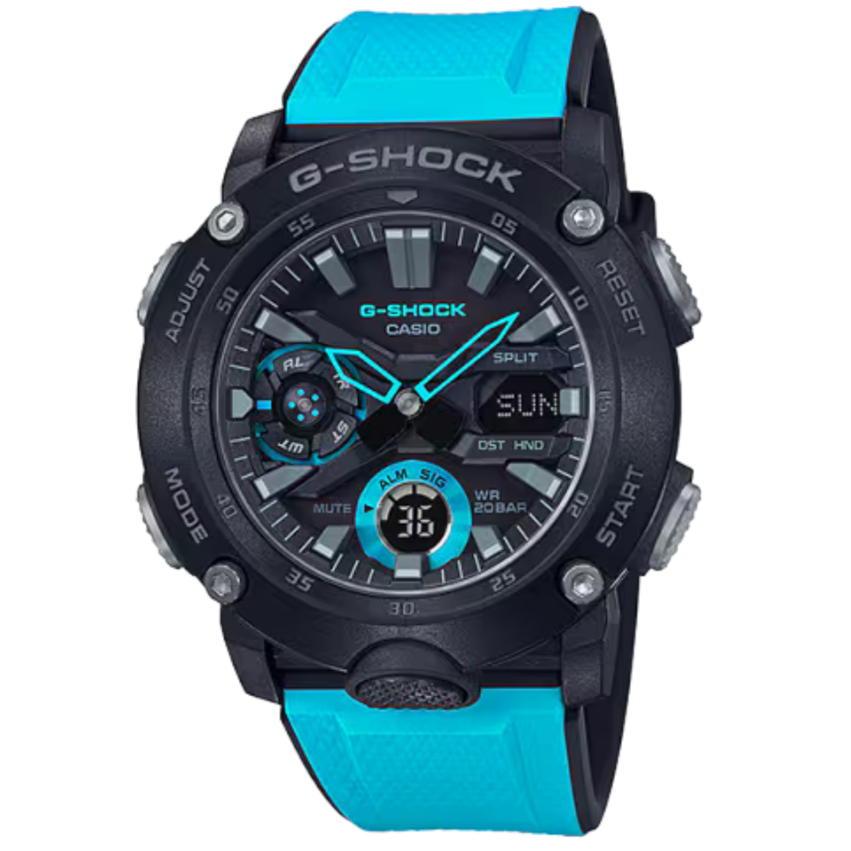 【CASIO 卡西歐】 G-SHOCK  酷炫色彩搭配 全新耐衝擊構造 將堅固耐用提升到全新層次 雙顯手錶 GA-2000-1A2
