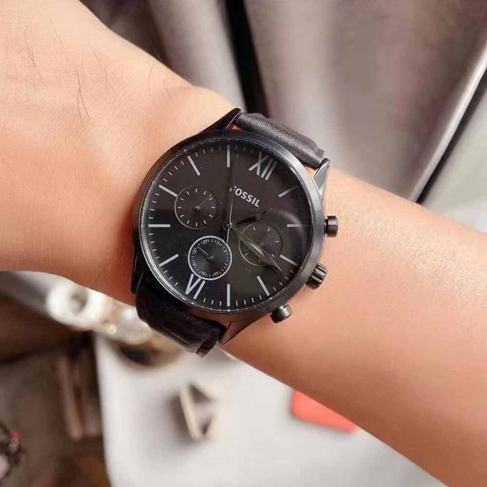 【FOSSIL】BQ2364 三眼 計時 全黑 經典 雅仕 羅馬數字 皮革 石英錶