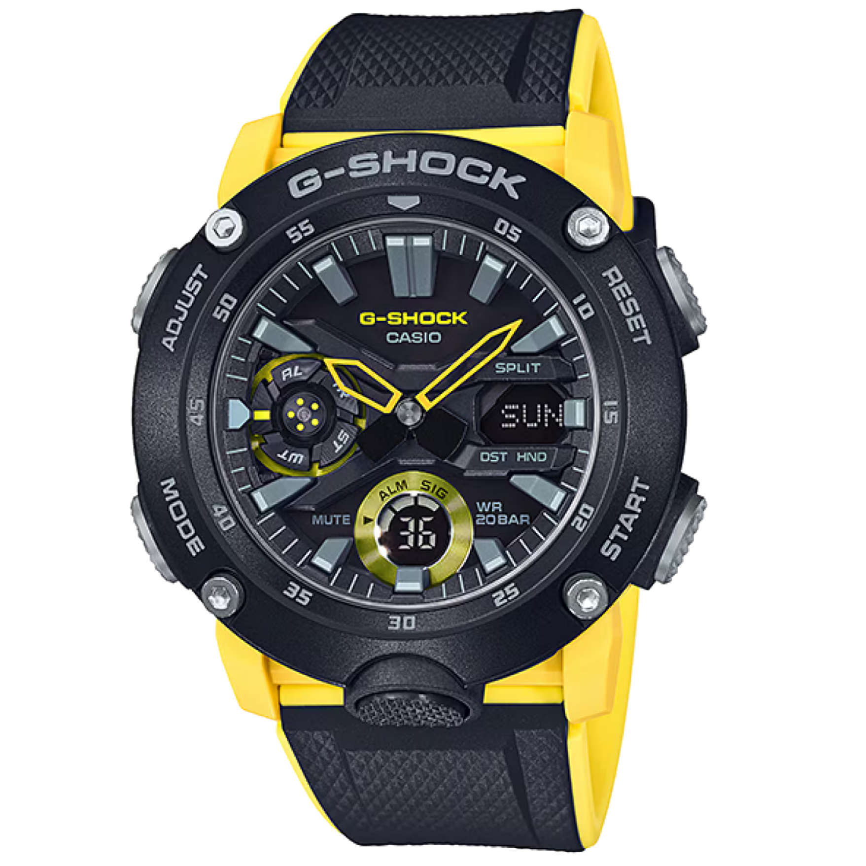 【CASIO 卡西歐】 G-SHOCK  酷炫色彩搭配 全新耐衝擊構造 將堅固耐用提升到全新層次 雙顯手錶 GA-2000-1A9