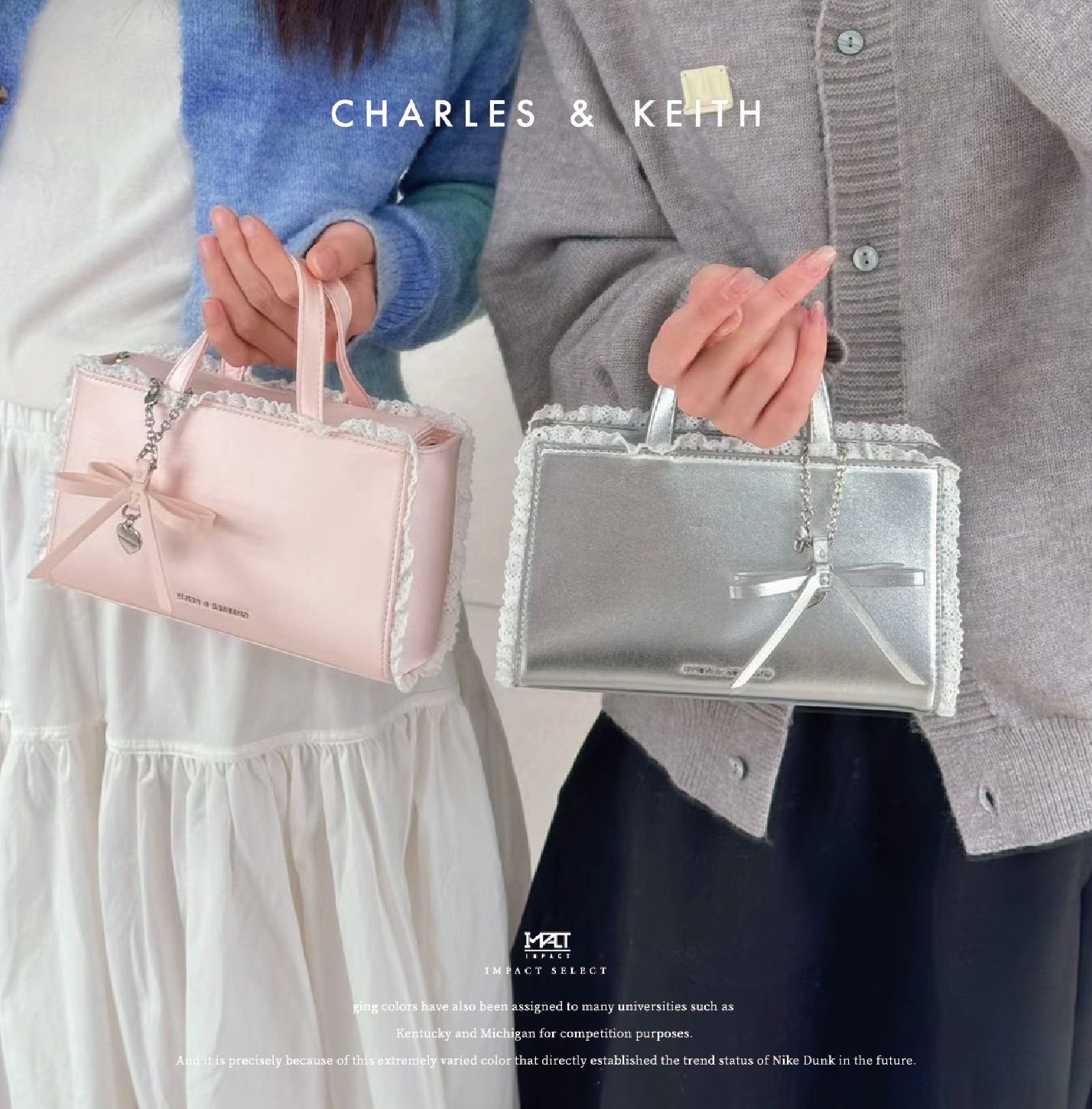 Charles & Keith 小ck 情人節限定  蕾絲蝴蝶結 手拿/側背 兩用包 粉/銀