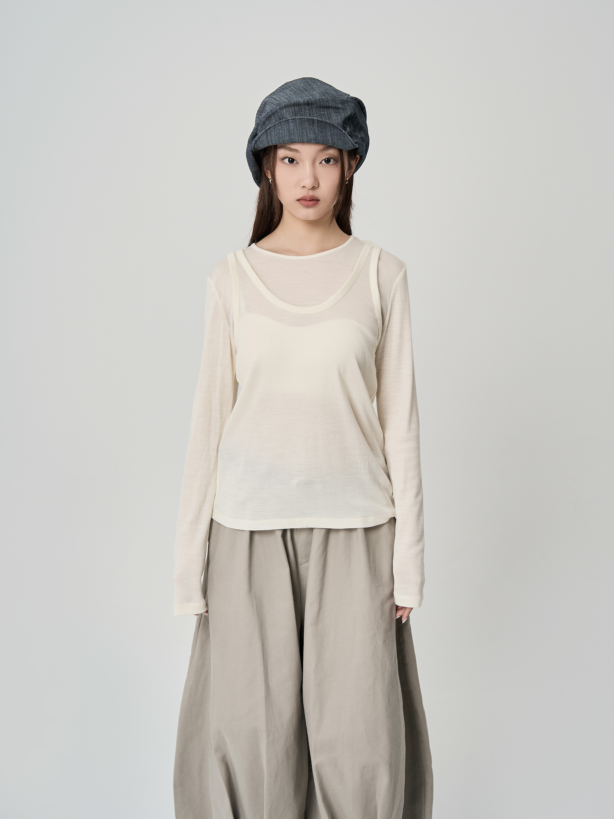 假兩件圓領疊穿長袖-白