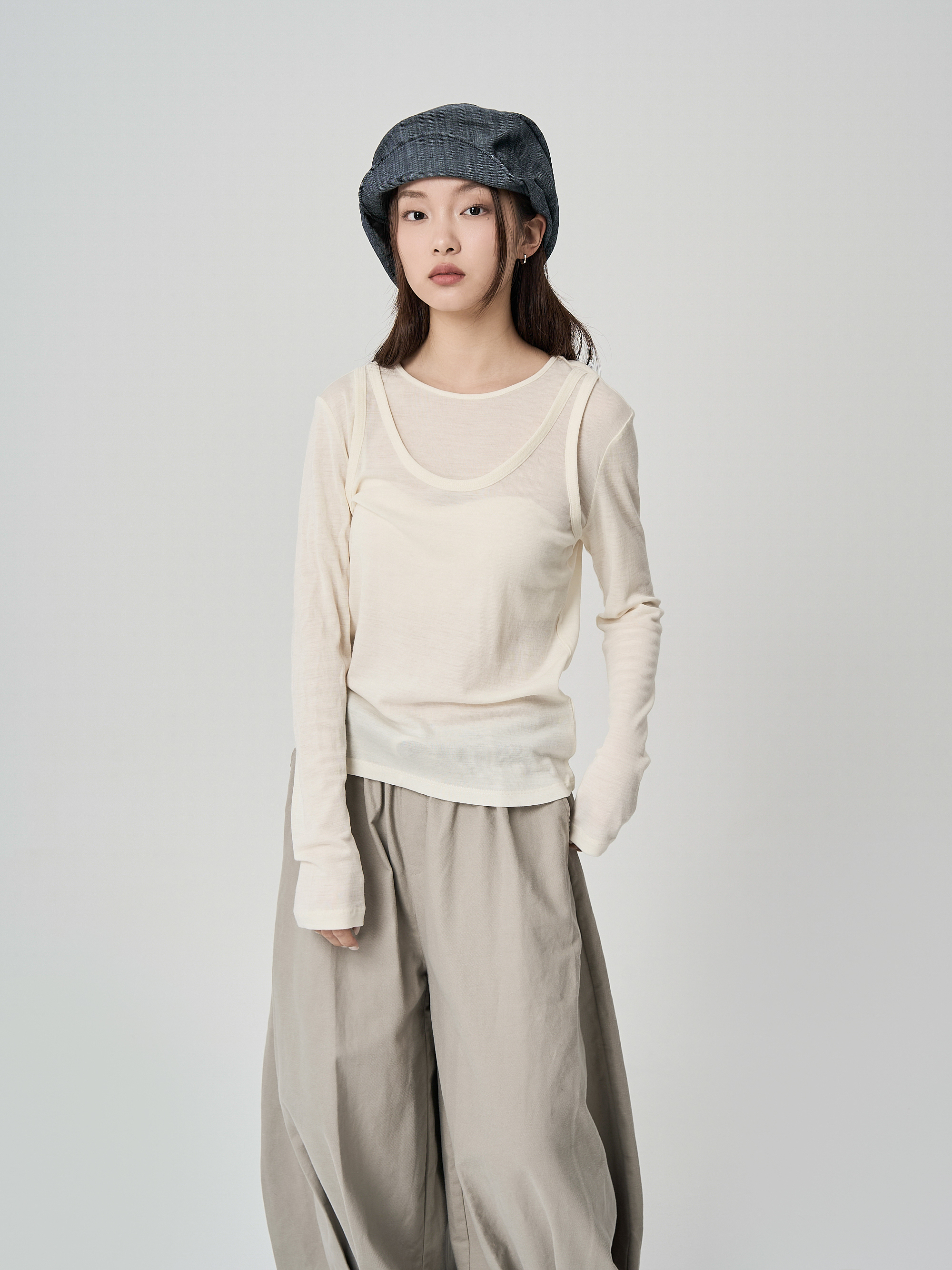 假兩件圓領疊穿長袖-白