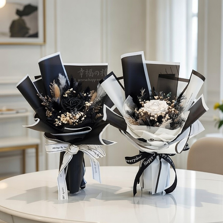 單朵黑白花束,黑白香皂花乾燥花束