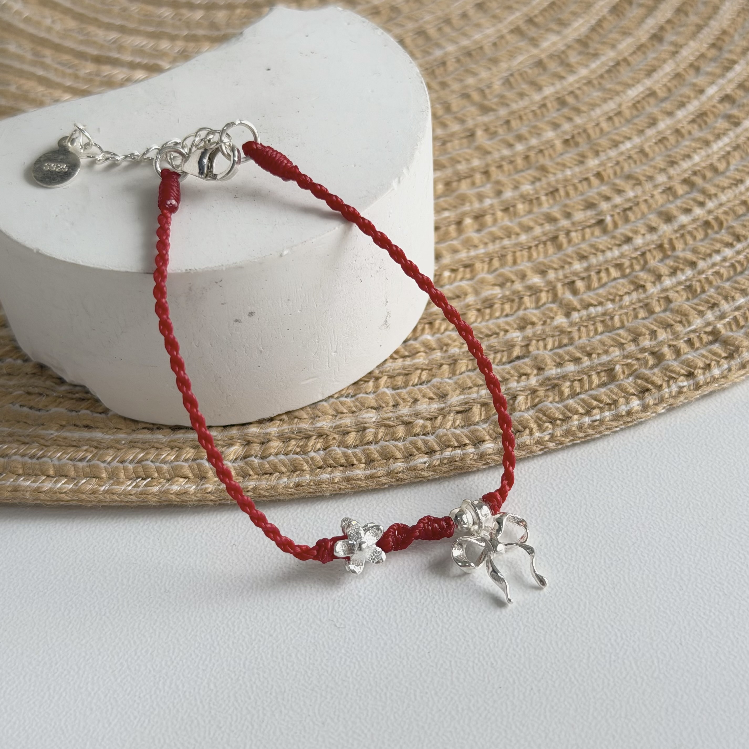 Q230小花緞帶蝴蝶結純銀紅線