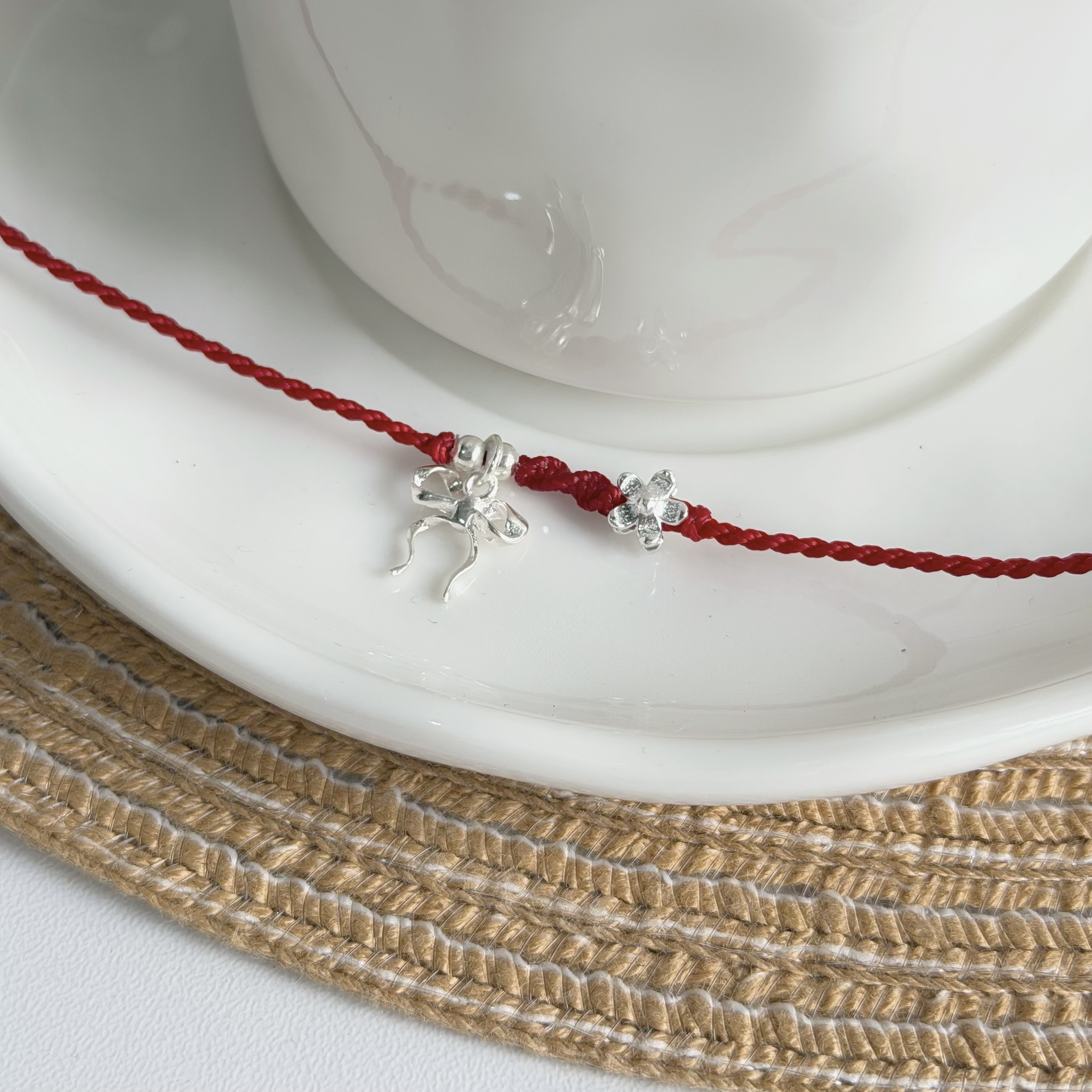 Q230小花緞帶蝴蝶結純銀紅線