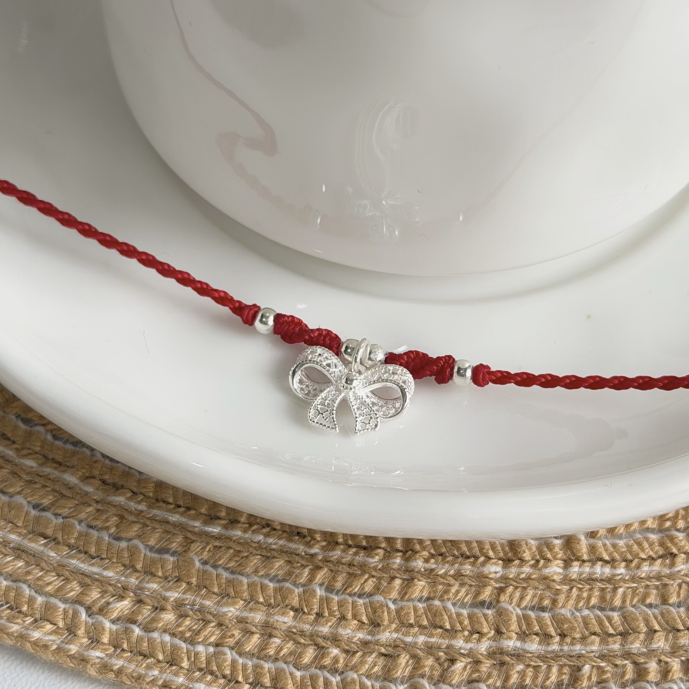 Q226鏤空蕾絲蝴蝶結純銀紅線