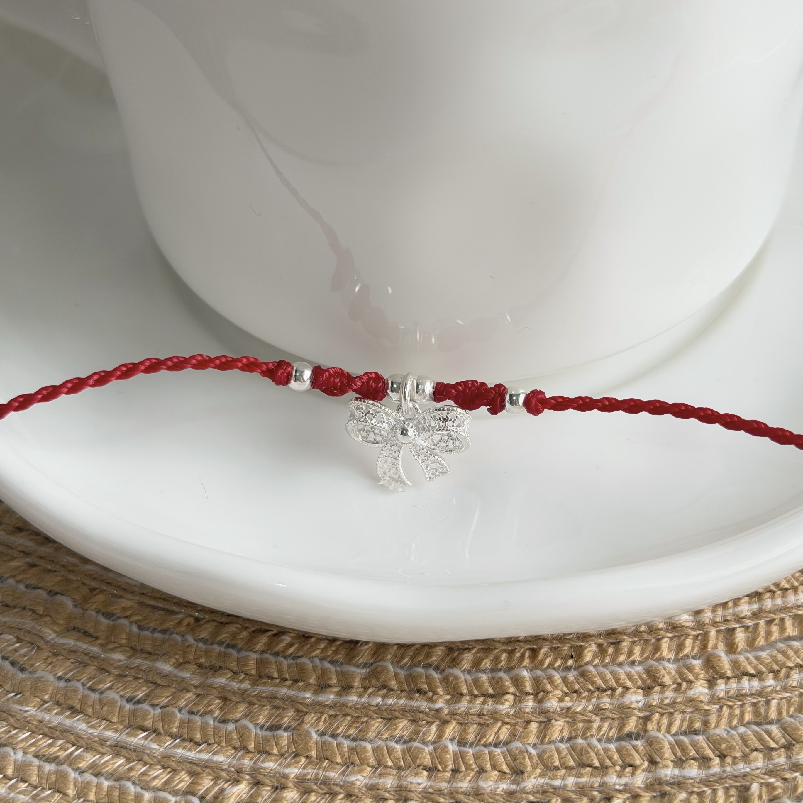 Q226鏤空蕾絲蝴蝶結純銀紅線