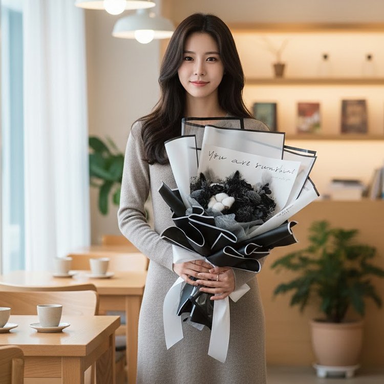 女生拿黑白色系香皂花束在咖啡廳