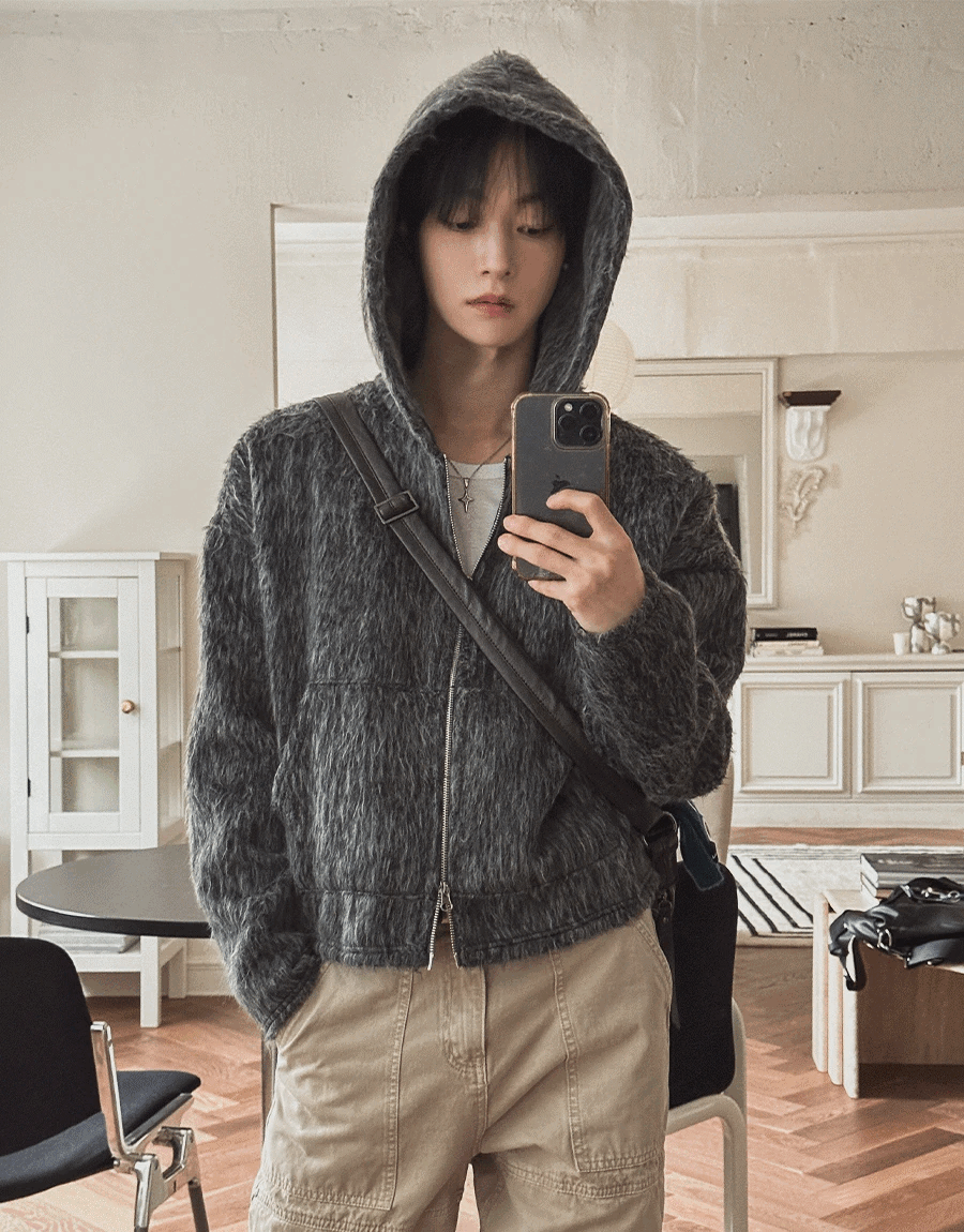 雙色馬海毛連帽夾克