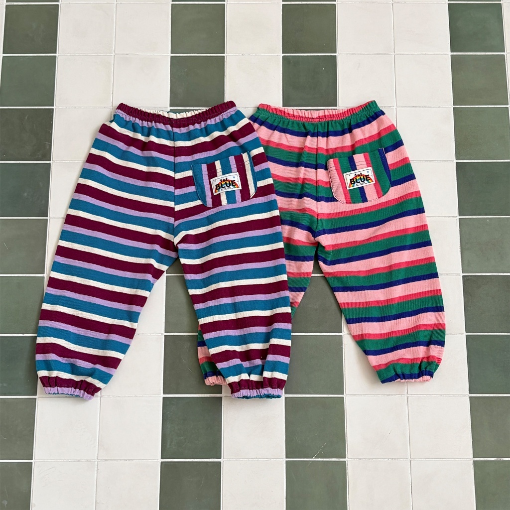 正韓春 1stblue 彩虹小標撞色條紋縮口褲