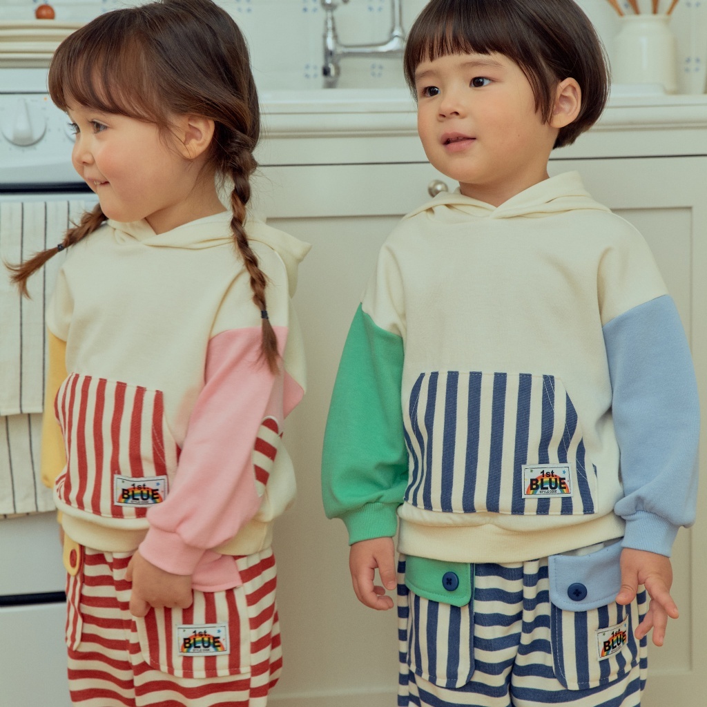 正韓春 1stblue 條紋大口袋連帽上衣