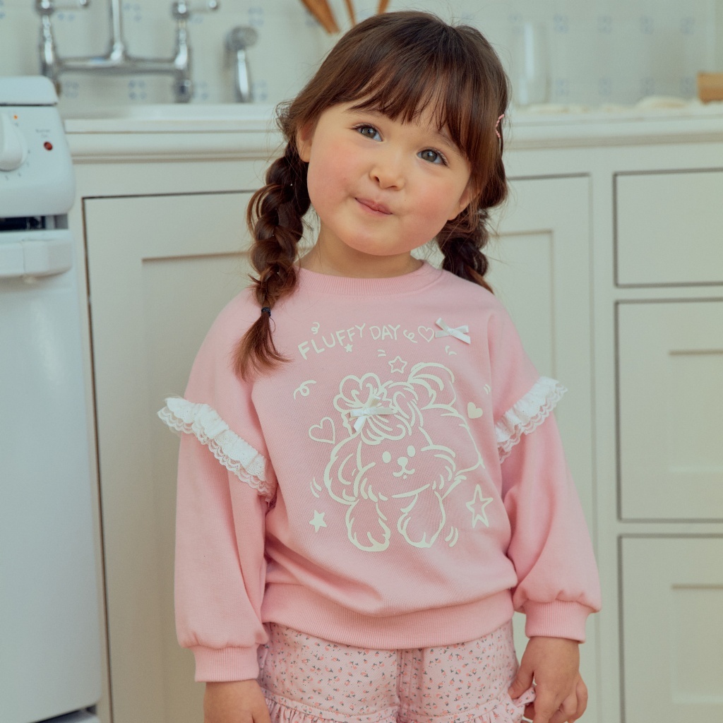 正韓春 1stblue 可愛狗勾蕾絲袖上衣