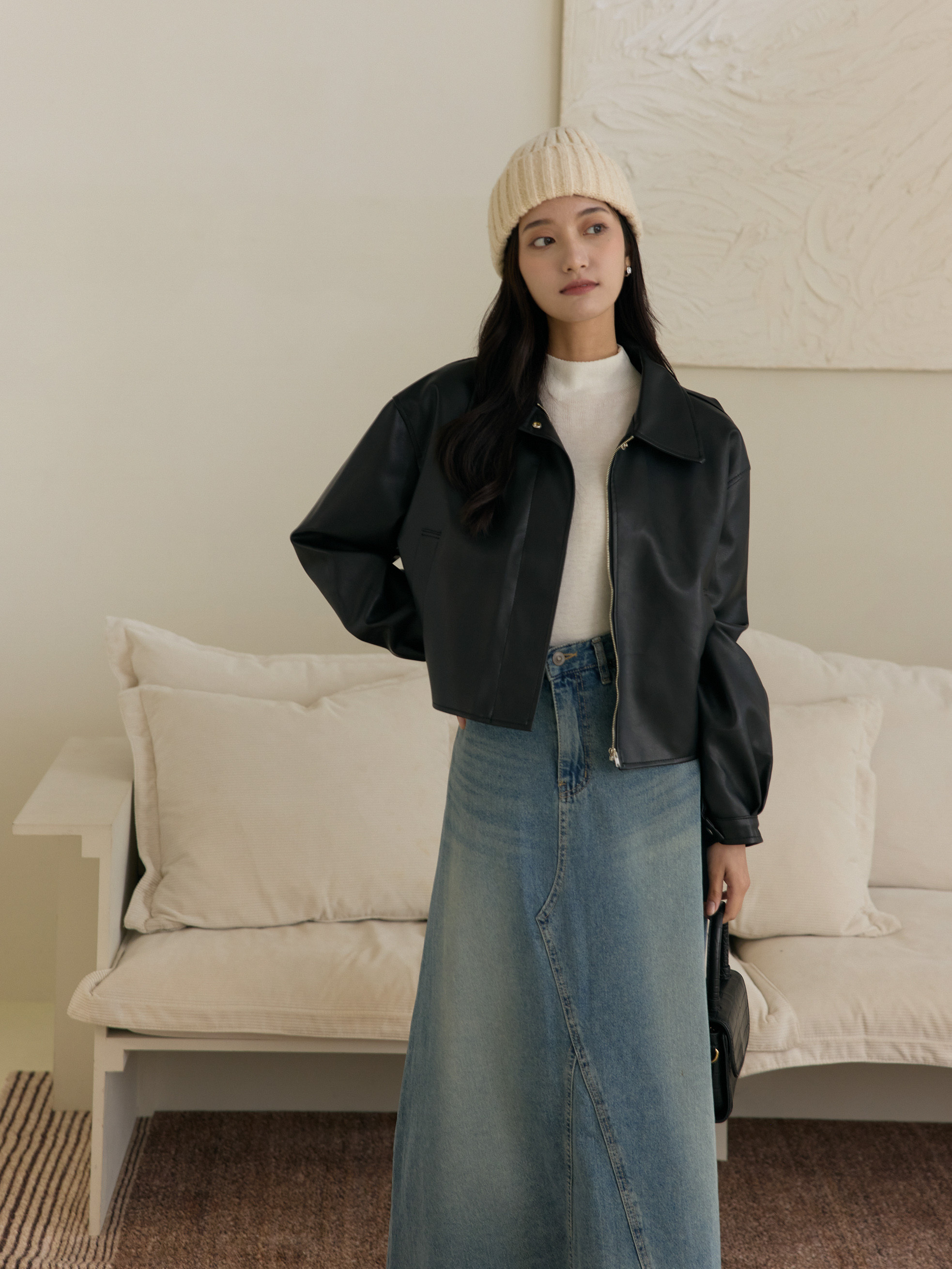 質感尖領軟皮拉鍊外套