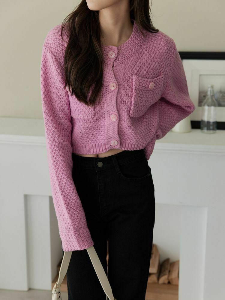 雙口袋鉤織短版針織外套