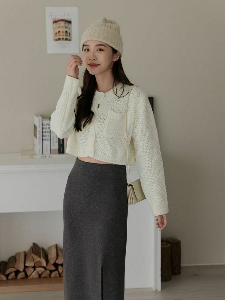 雙口袋鉤織短版針織外套