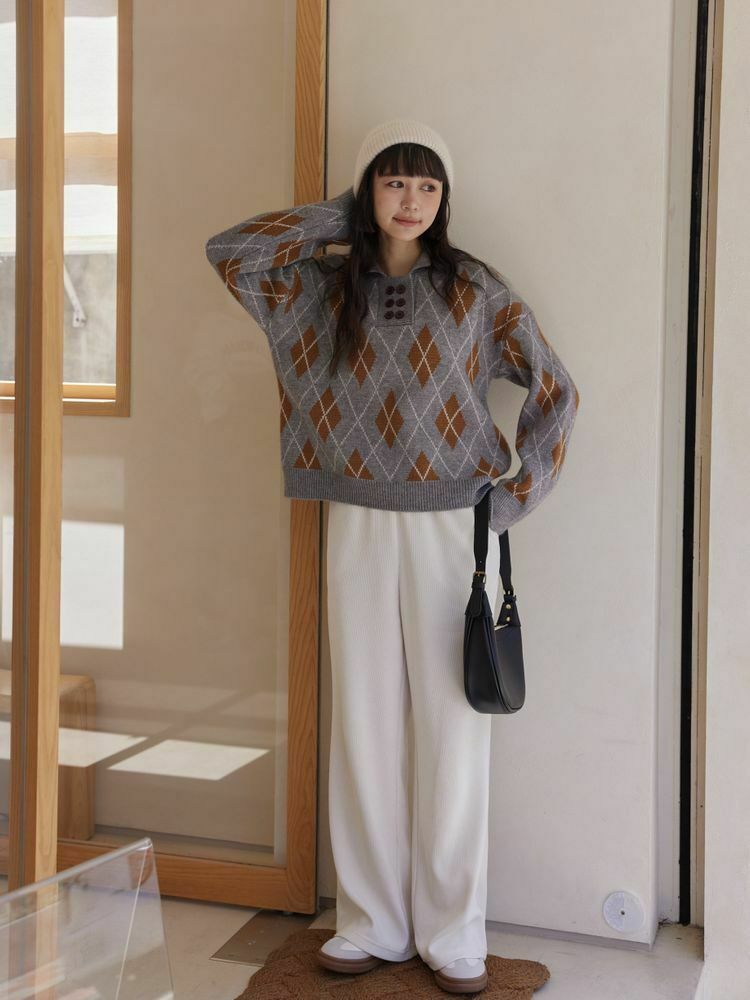 雙排釦菱格紋針織上衣