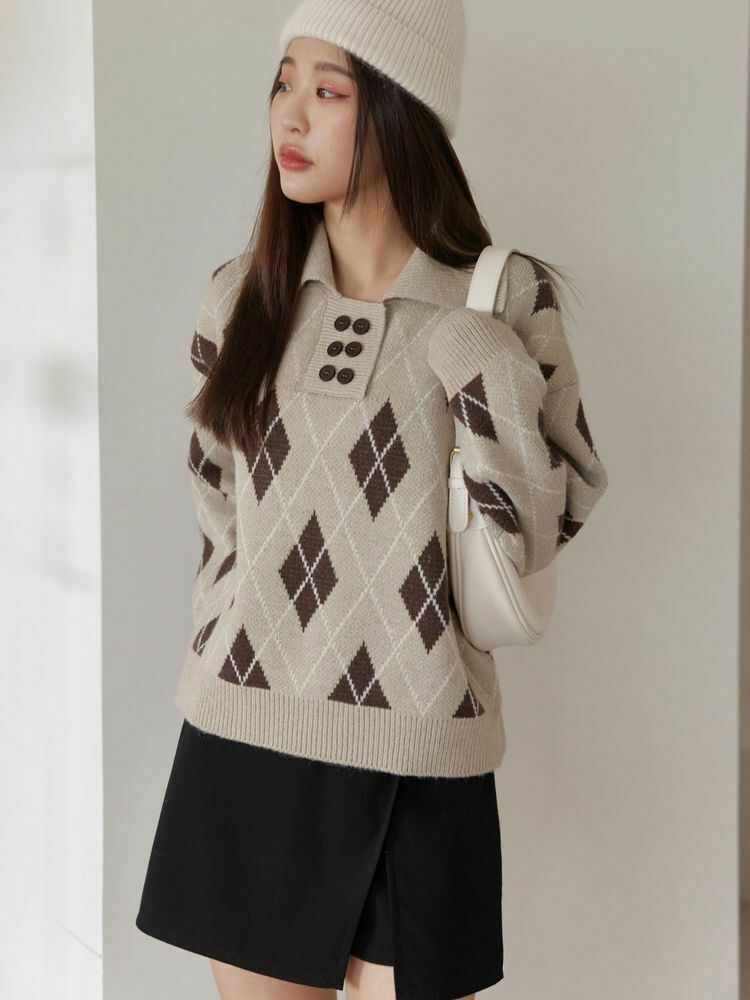 雙排釦菱格紋針織上衣