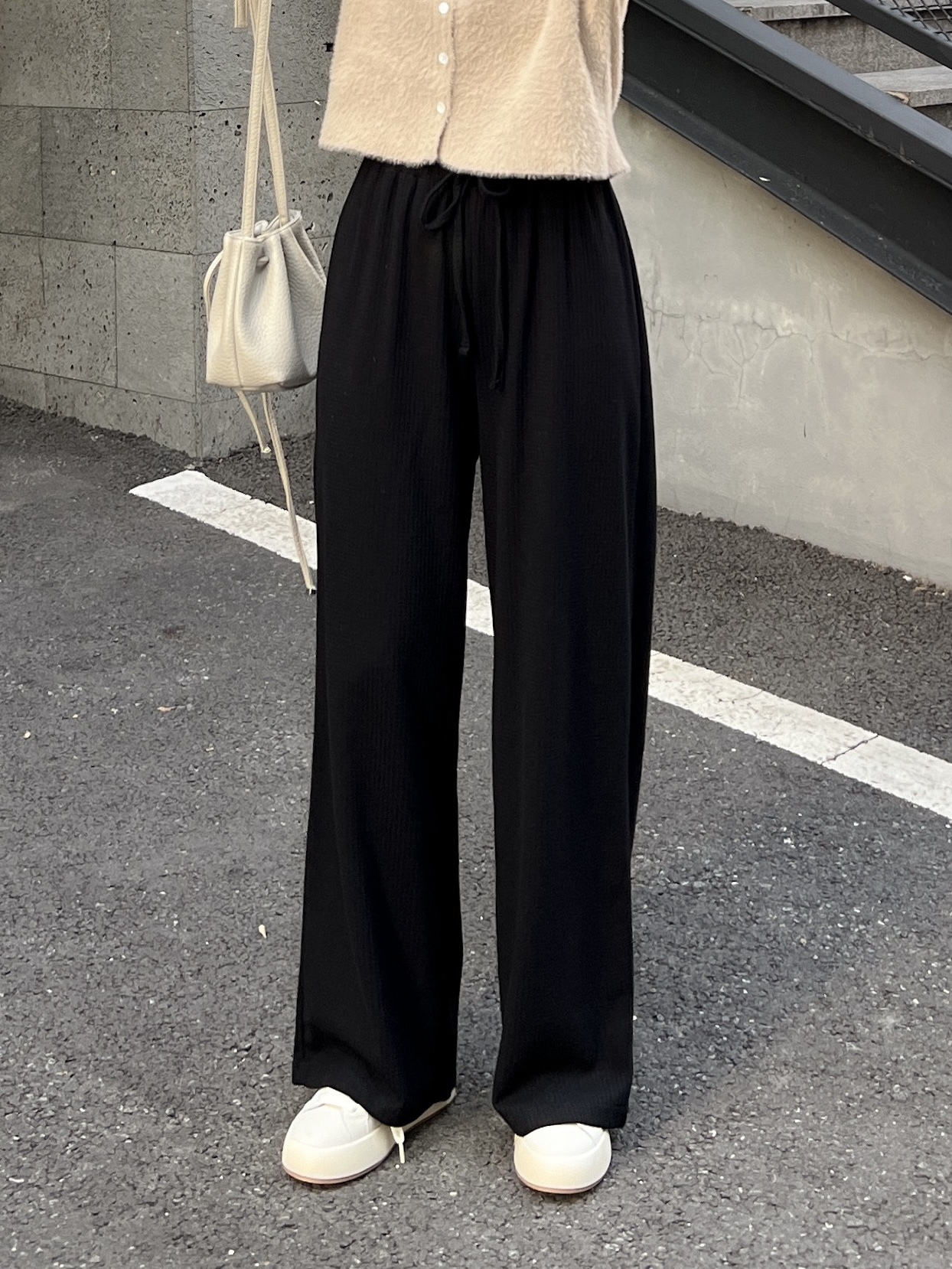 超舒適 彈性鬆緊綁帶寬褲