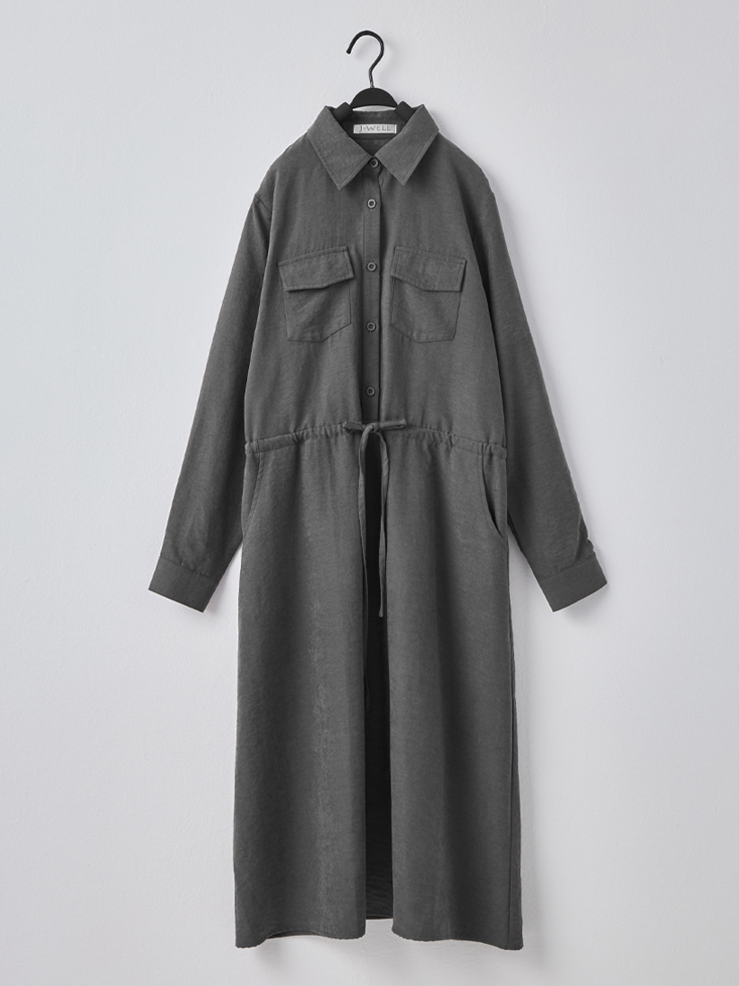 質感簡約桃面絨半門襟腰綁帶長版洋裝