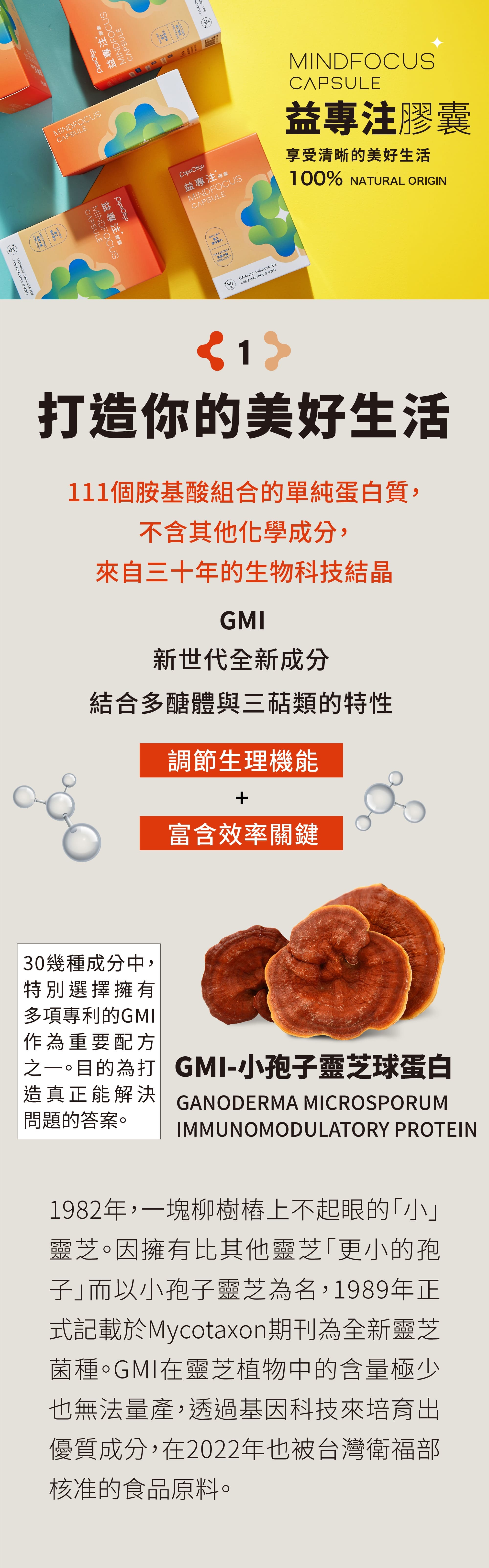 益專注膠囊-打造清晰的美好生活 打造你的美好生活,111個胺基酸組合:GMI-小包子靈芝球蛋白