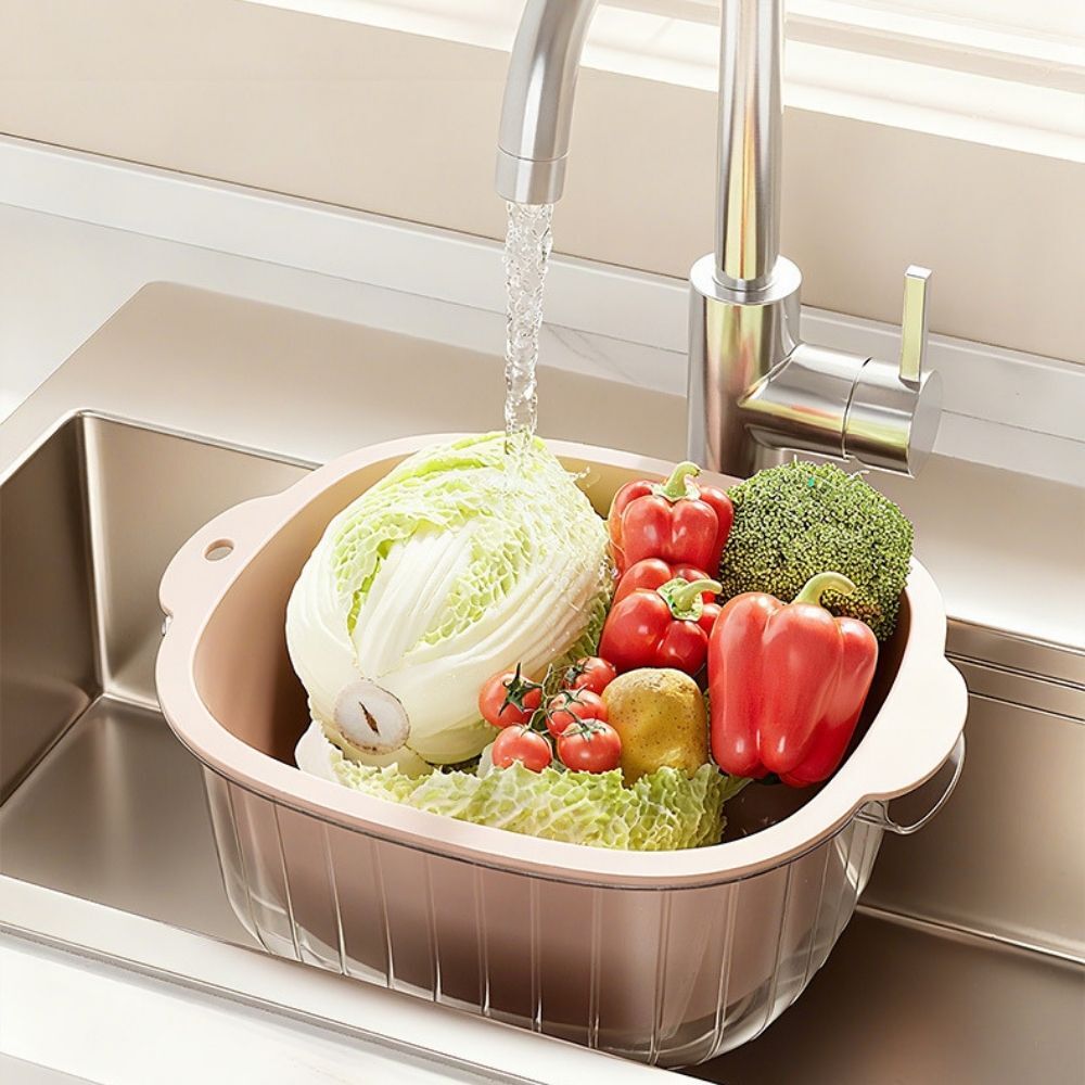 雙層瀝水籃｜雙層瀝水設計洗菜籃 洗水果籃 瀝水盆 可堆疊收納 廚房收納籃【輕鬆購五金百貨】