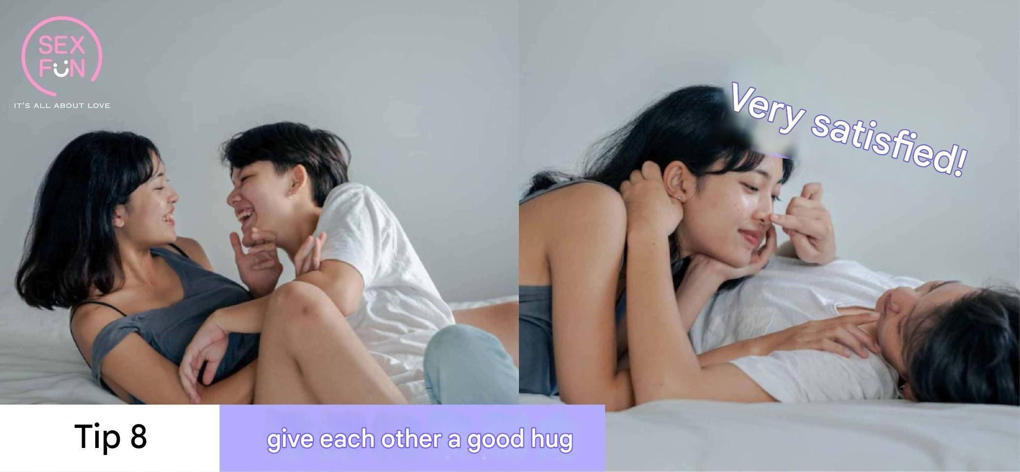 Lesbian couple hugging after sex