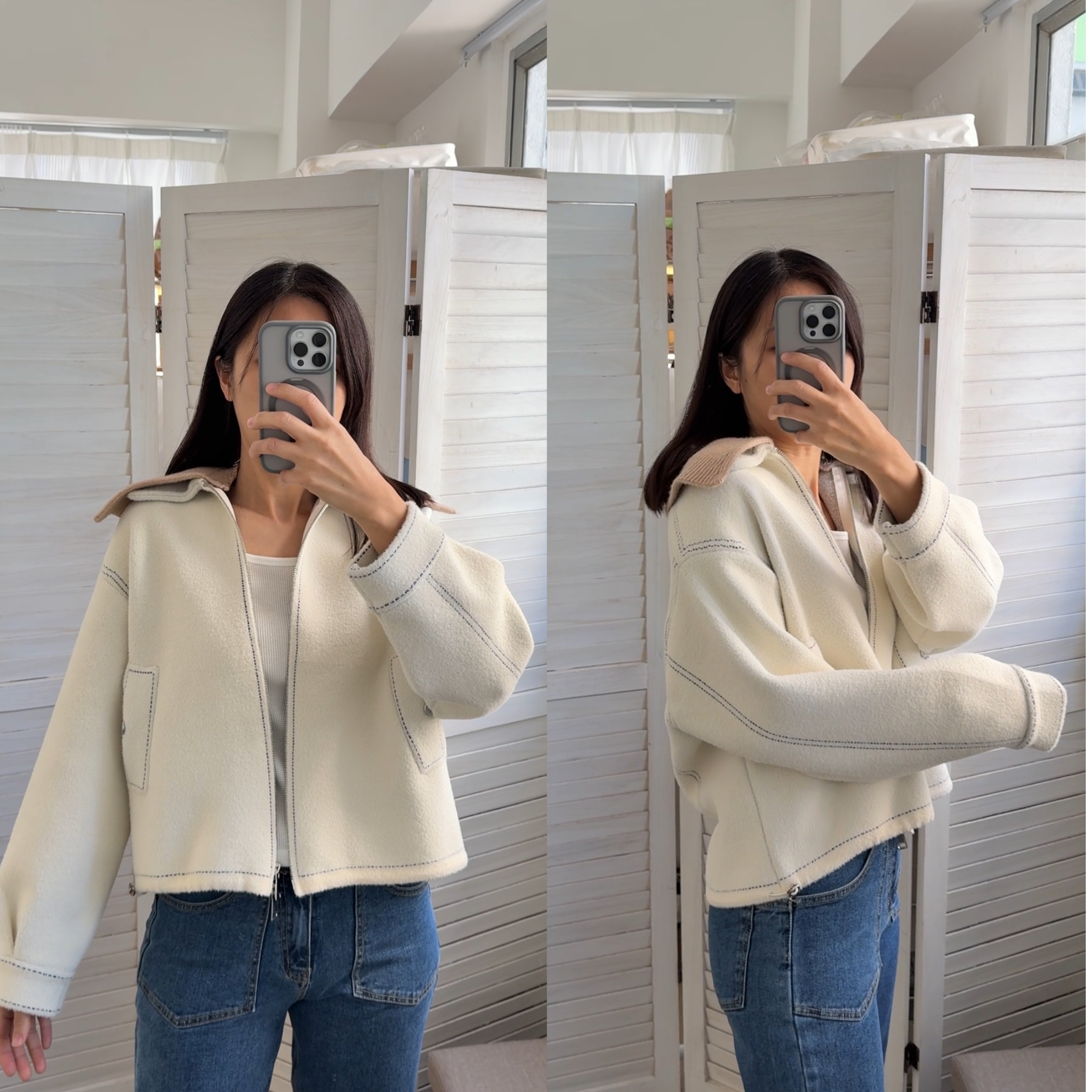 簡約羊絨兩色拉鍊外套