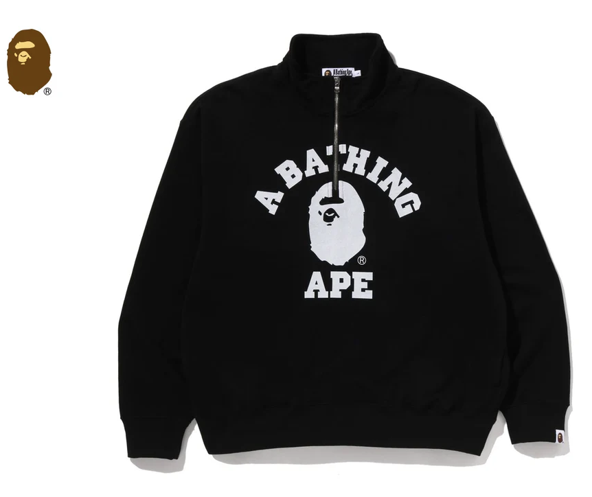 【BAPE男生】0110 發售 寬版COLLEGE HALF ZIP RELAXED FIT CREWNECK SWEATSHIRT