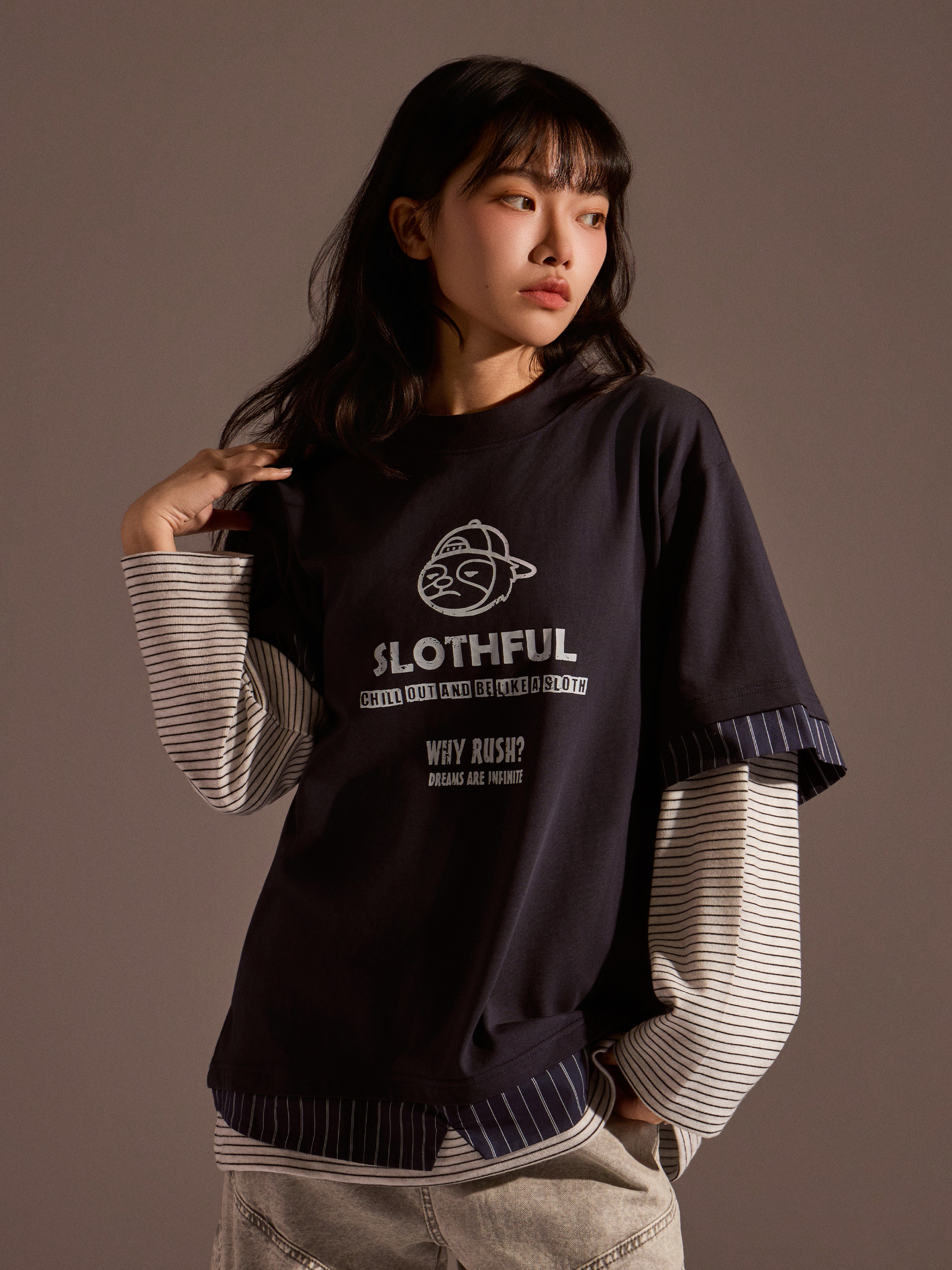 懶帥哥假兩件長袖上衣