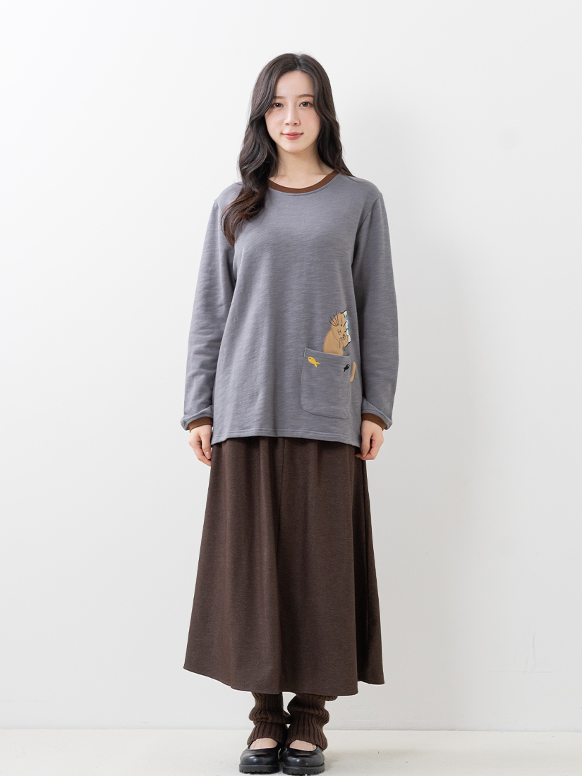 毛圈布上衣印花絲巾打褶A字長裙組合