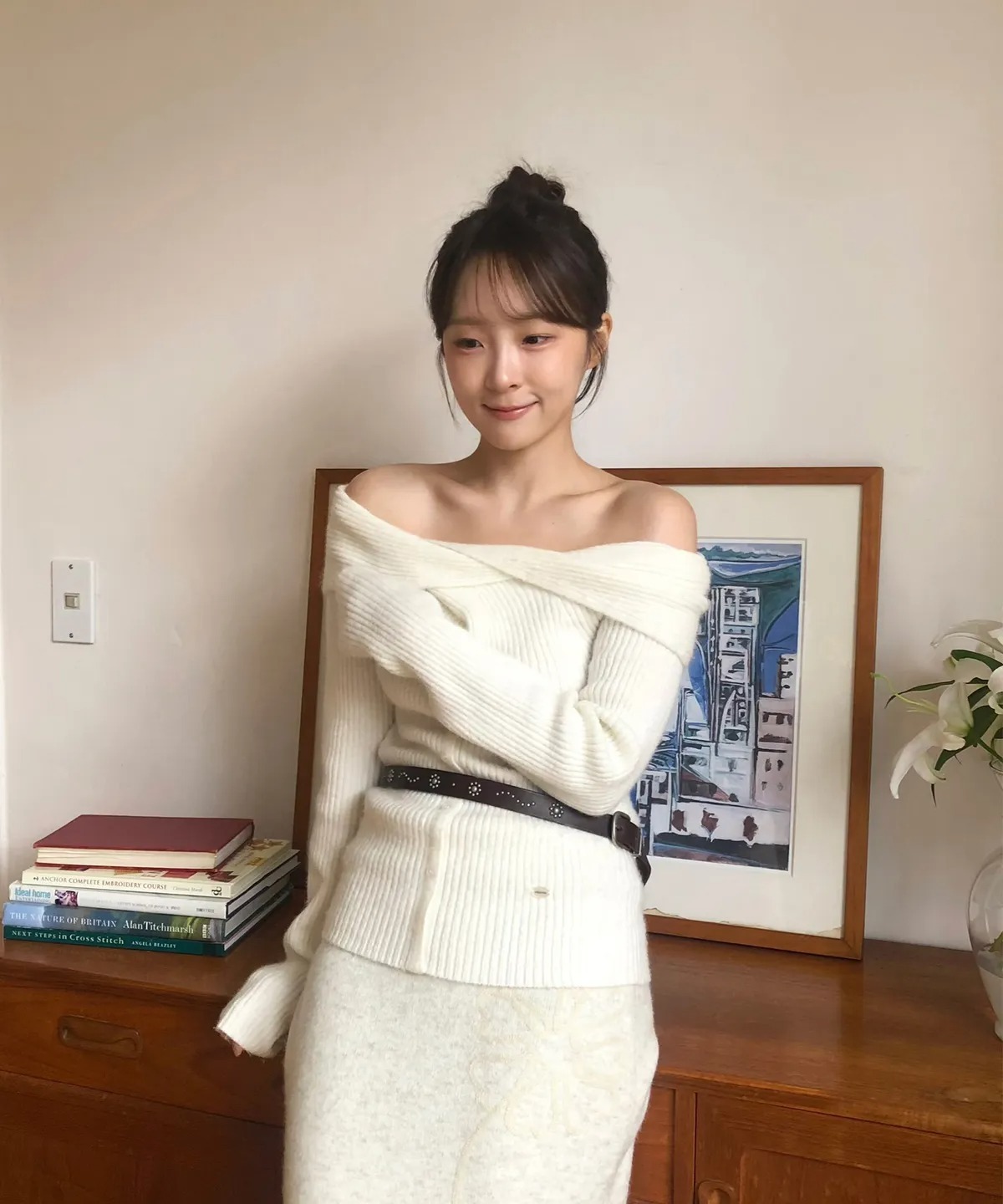 ROLAROLA WOOL BLENDED TWIST BUTTON OFF SHOULDER KNIT