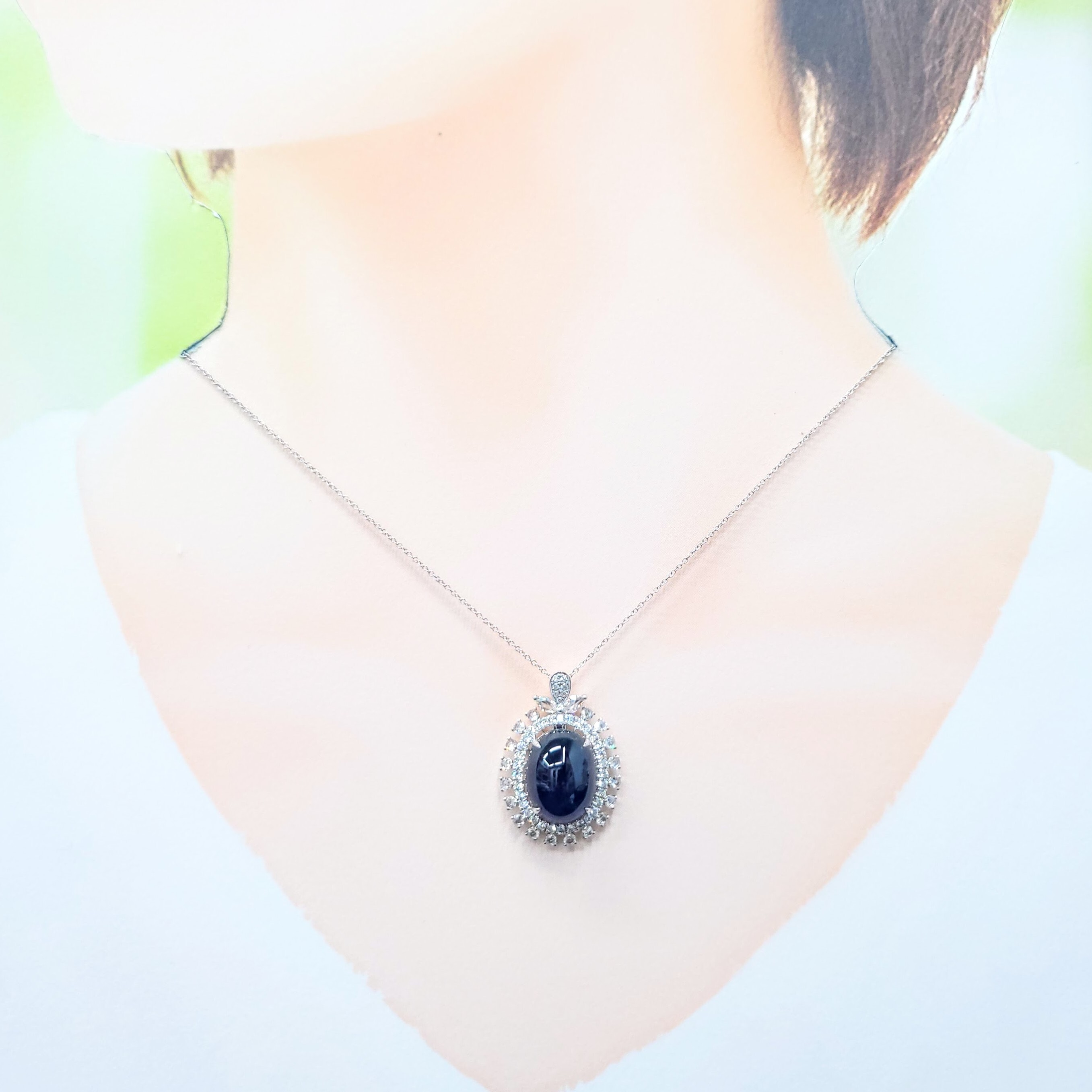 全新18K白金【單粒13卡31份藍寶石】配92份鑽石吊墜