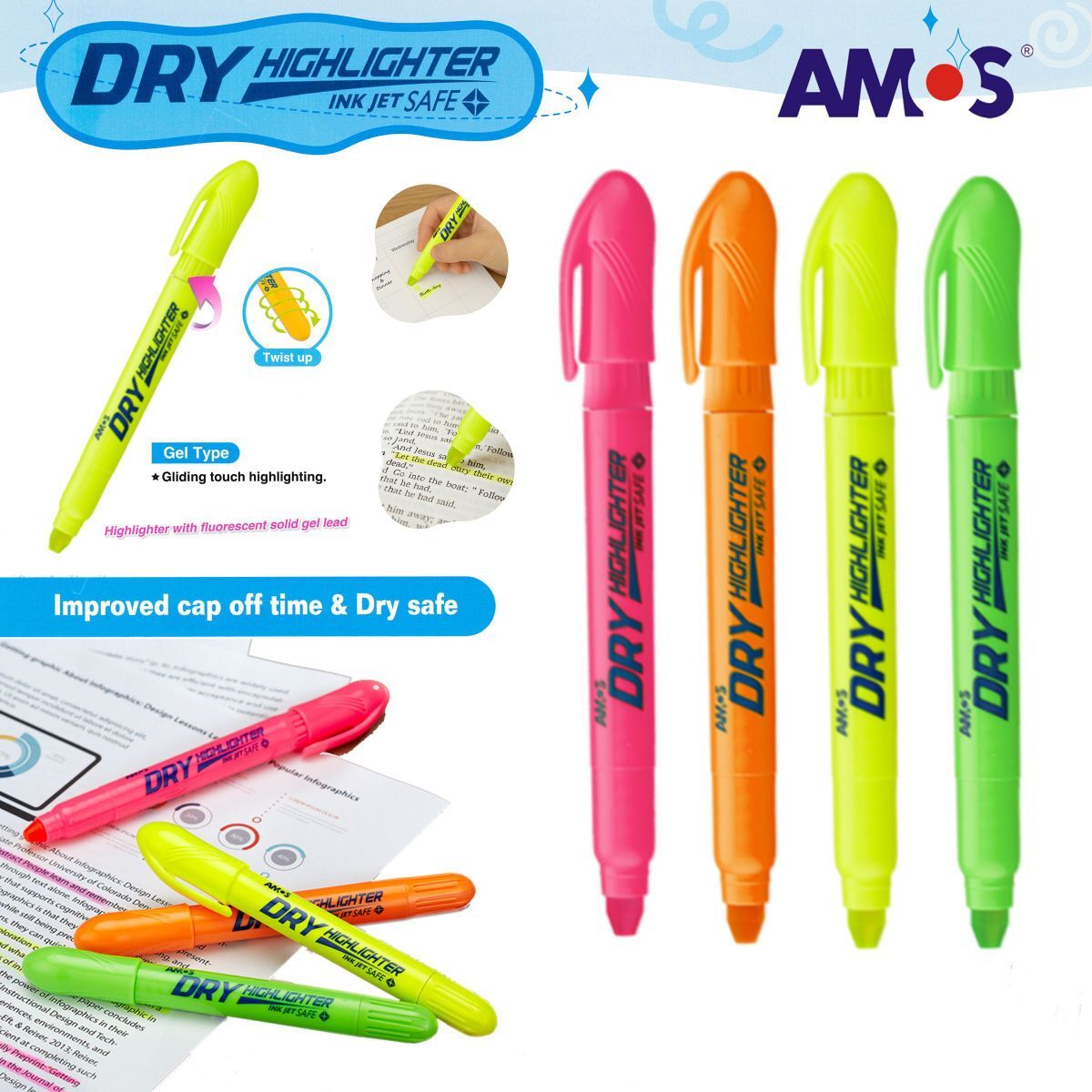韓國AMOS 固體水晶螢光筆, 螢光4色套裝 #HLD12D《香港行貨》