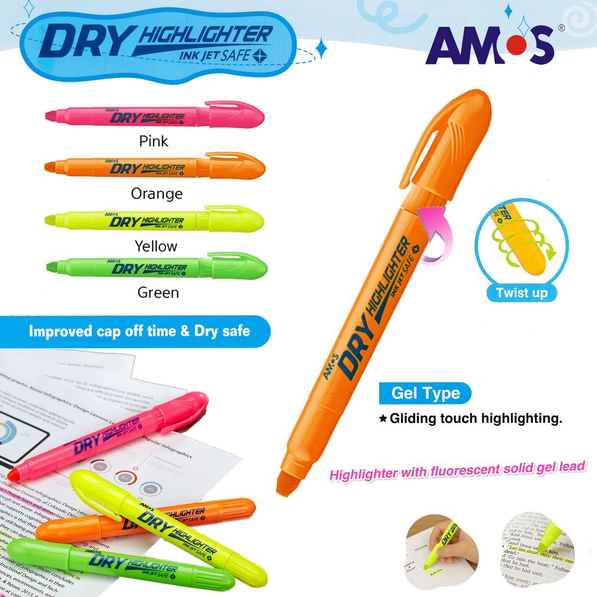 韓國AMOS 固體水晶螢光筆, 螢光橙色 #HLD12DOR《香港行貨》- 1 支