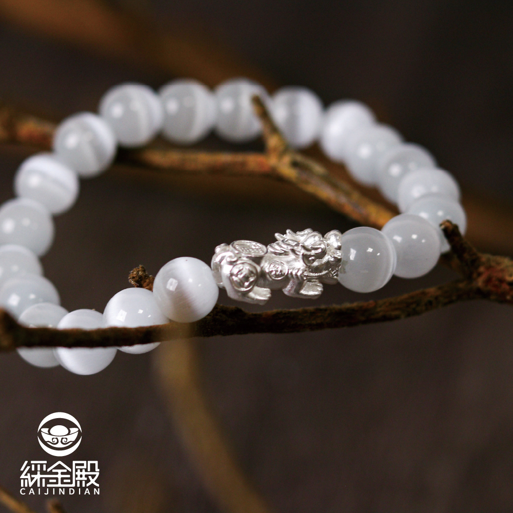 白色貓眼石x純銀貔貅手鍊｜增加人體正能量｜升官旺運【綵金殿】