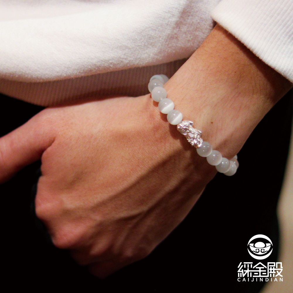 白色貓眼石x純銀貔貅手鍊｜增加人體正能量｜升官旺運【綵金殿】