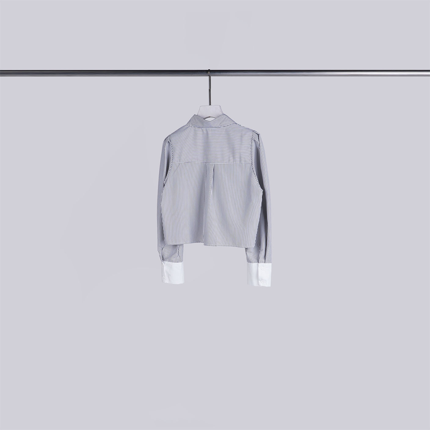 拼接袖口直條紋襯衫 | 灰+白