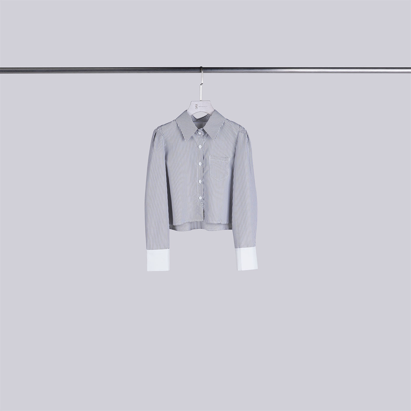 拼接袖口直條紋襯衫 | 灰+白