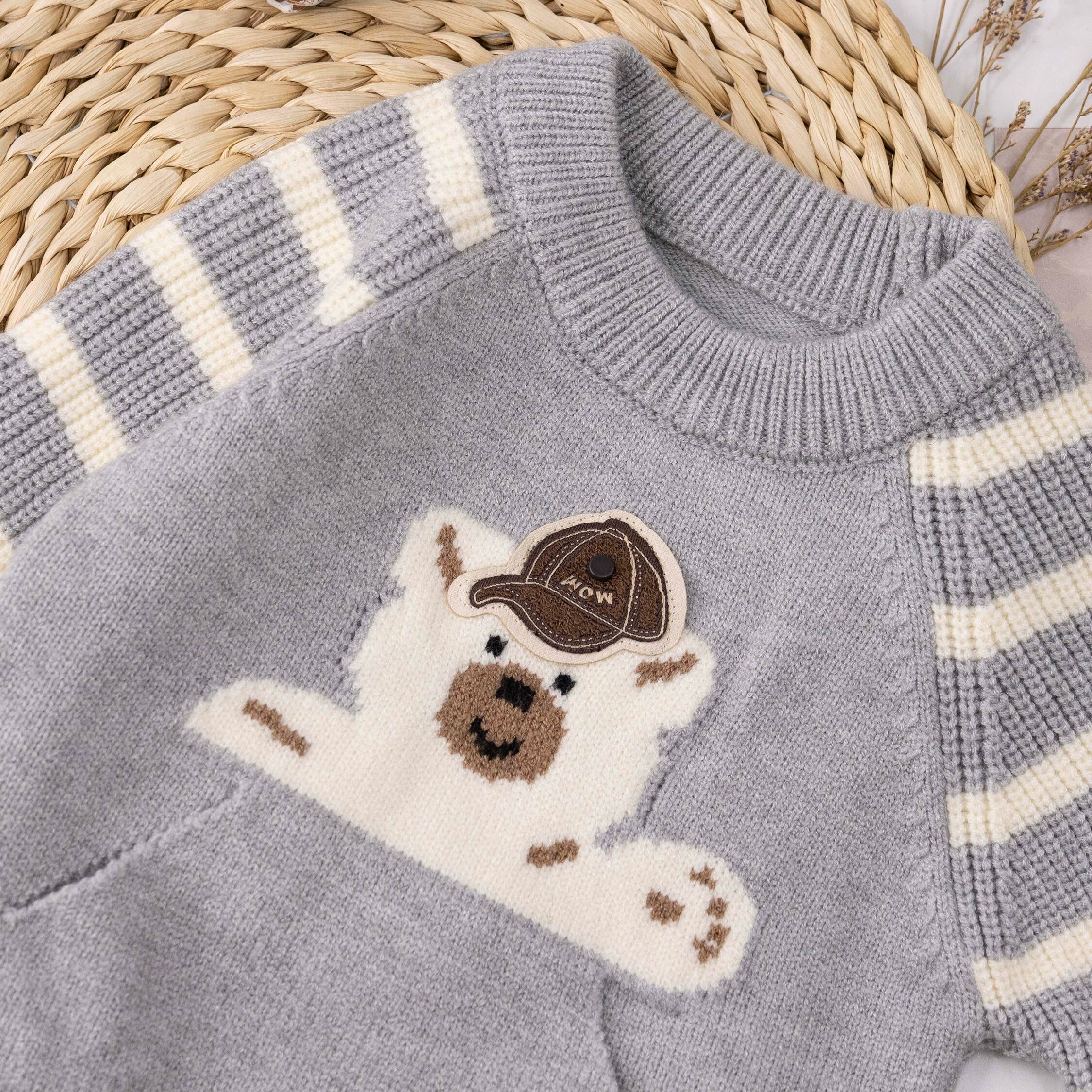 【H56090】帥氣白熊口袋設計針織套裝