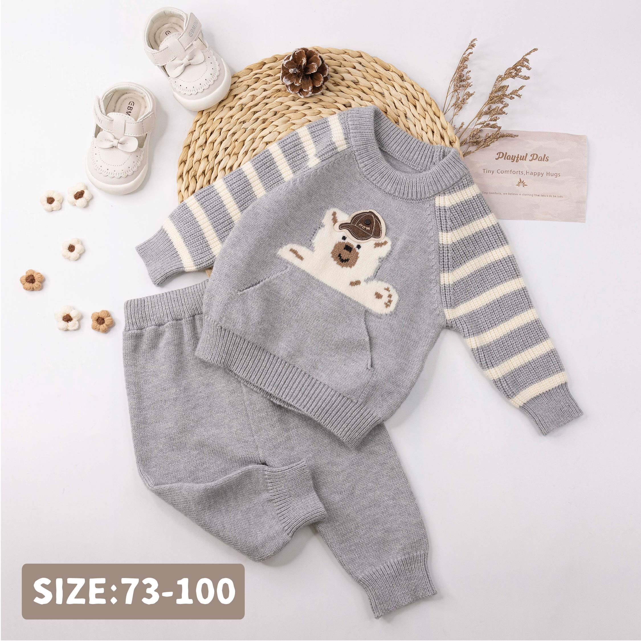 【H56090】帥氣白熊口袋設計針織套裝