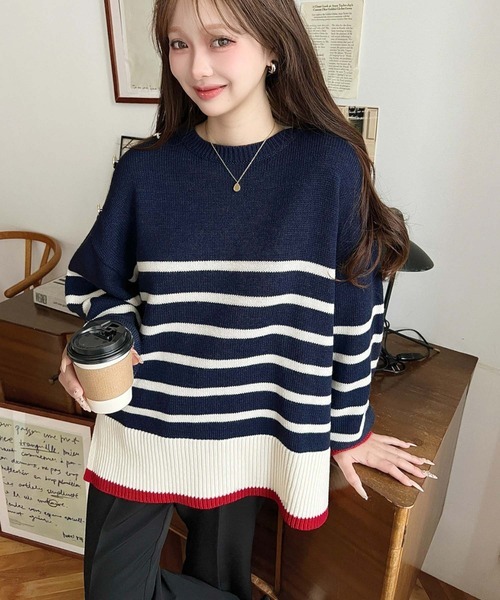 MT Crew neck striped knit pullover with gold buttons on the shoulders