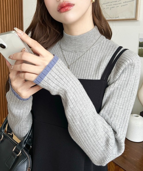 MT 12G Bottleneck Color-Coordinated Wide Rib Knit Pullover