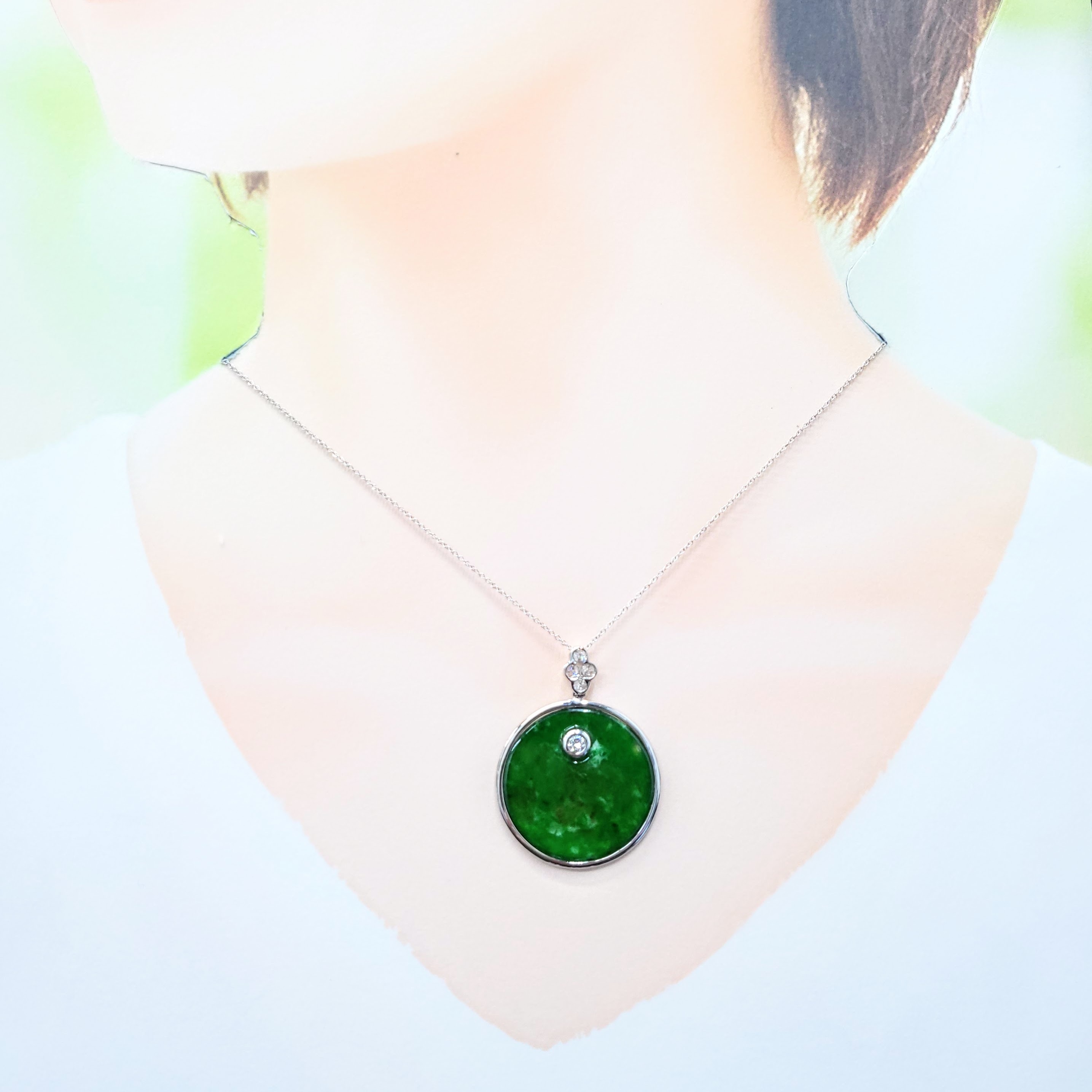 全新18K白金翡翠玉配39份鑽石吊墜