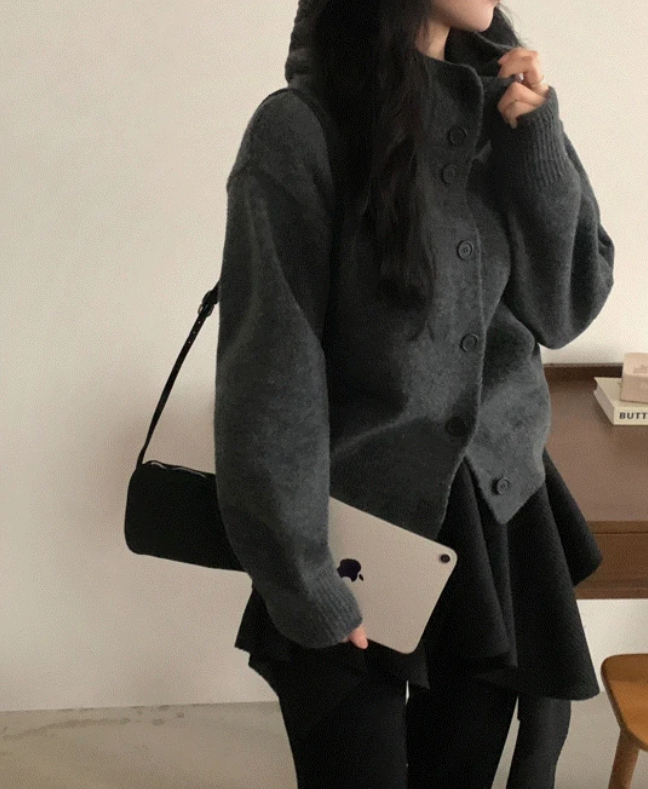 秋冬預訂｜連帽紐扣高領針織開襟衫