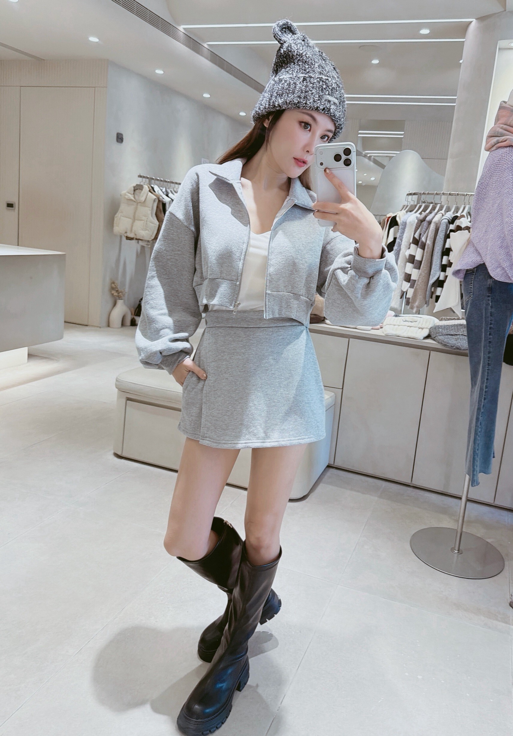 拉鍊磨毛短版棉外+短褲裙