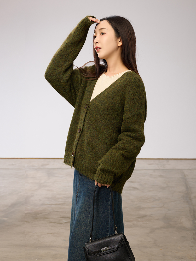 鬆身線條V領針織外套